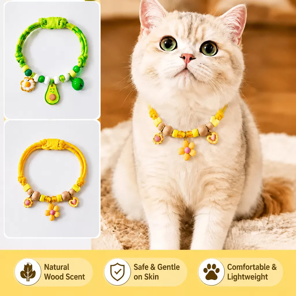 Adjustable Dog & Cat Collar with Bell and Wood Accent