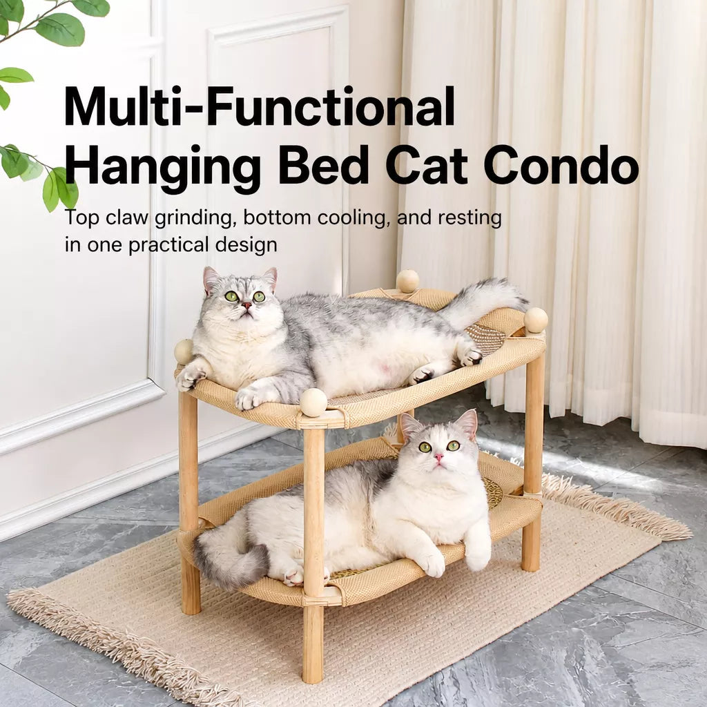 Two-Tier Wooden Cat Bed with Sisal Scratcher and Woven Mats