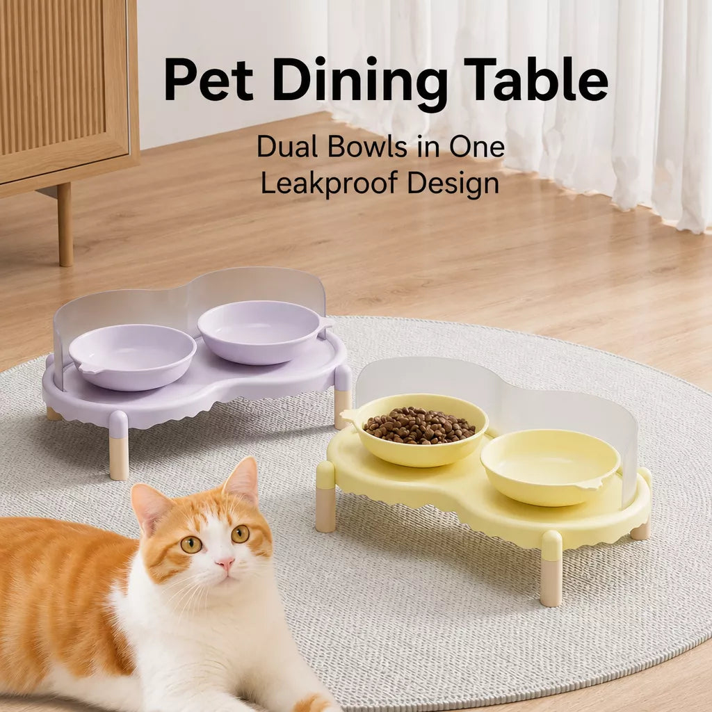 Double Pet Bowl Stand with Paw-Print Bowls