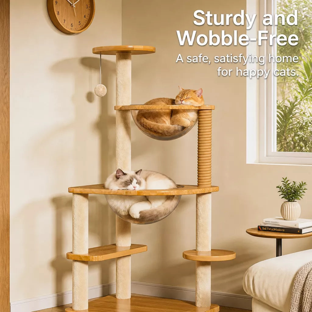 Solid Wood Cat Tree with Enclosed Cat Spaces and Platforms