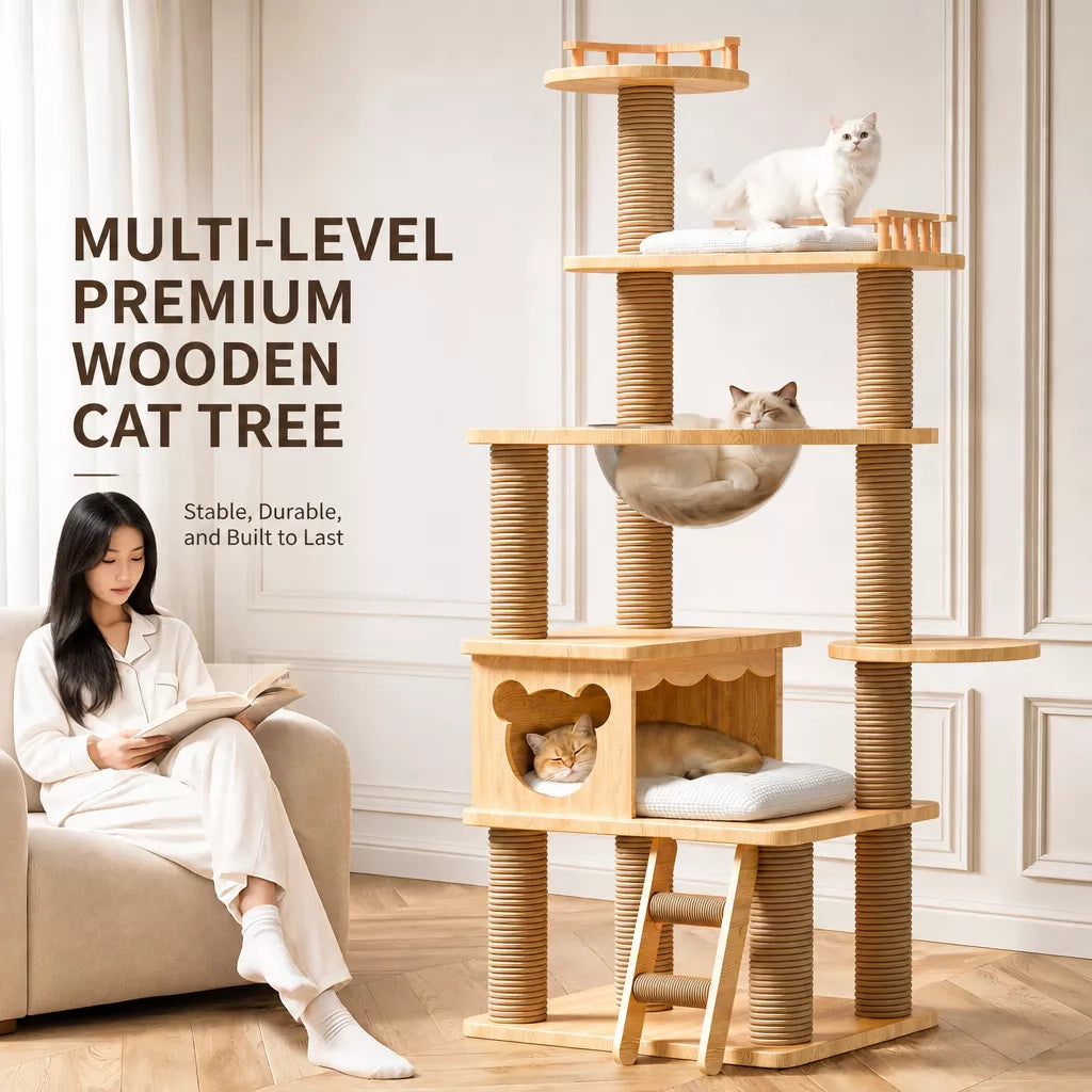 Solid Wood Cat Tree with Hideaways and Climbing Platforms
