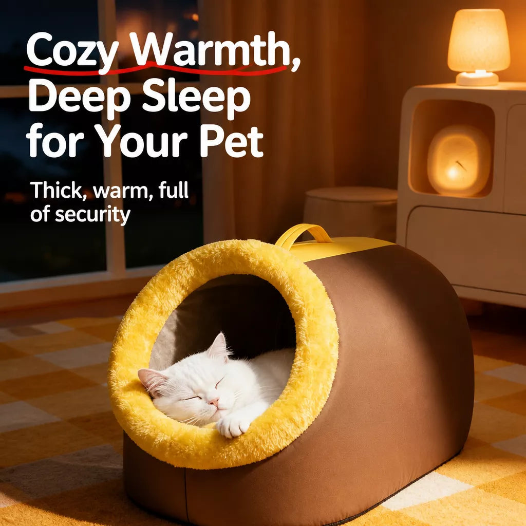 Enclosed Plush Pet Bed with Carry Handle for Cats and Small Dogs