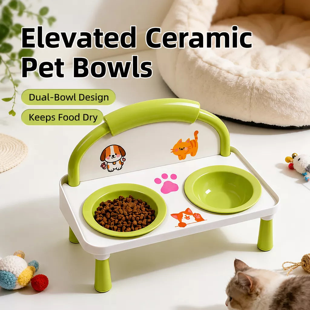 Elevated Ceramic Double Bowl Set for Cats & Dogs