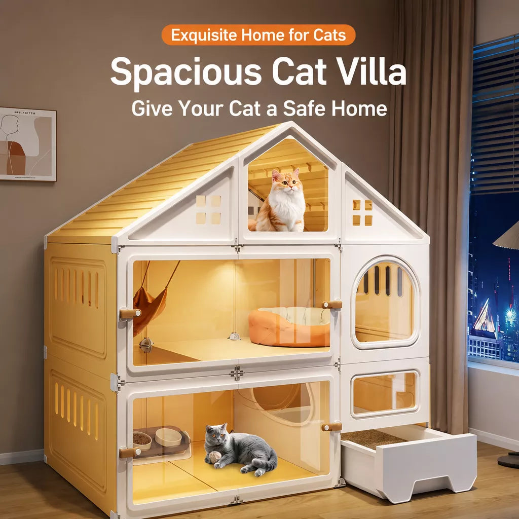 Multi-Level Cat House with Litter Box Area