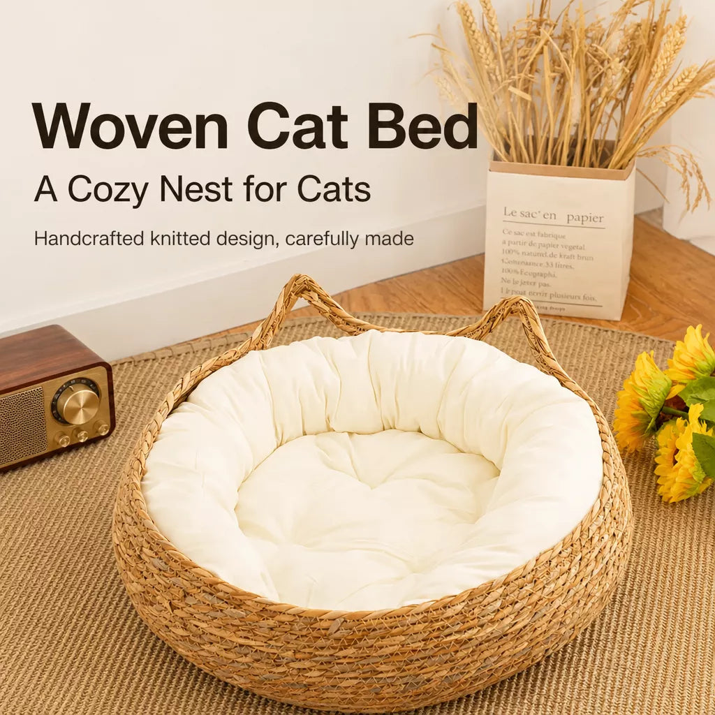 Woven Rattan Cat Bed with Cat-Ear Design