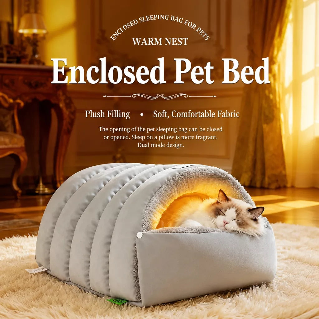 Enclosed Faux Fur Pet Bed for Cats and Small Dogs