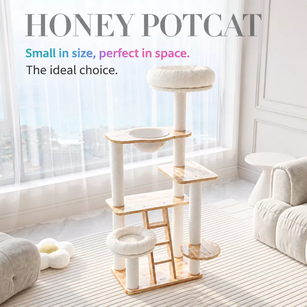Wooden Cat Tree with Enclosed Hideaway and Removable Washable Parts