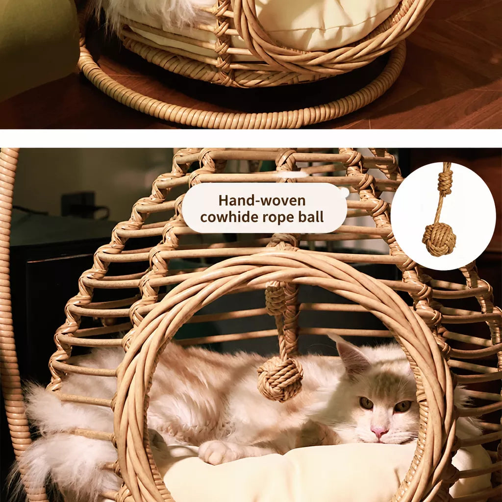 Handwoven Rattan Hanging Pet Bed with Cushion