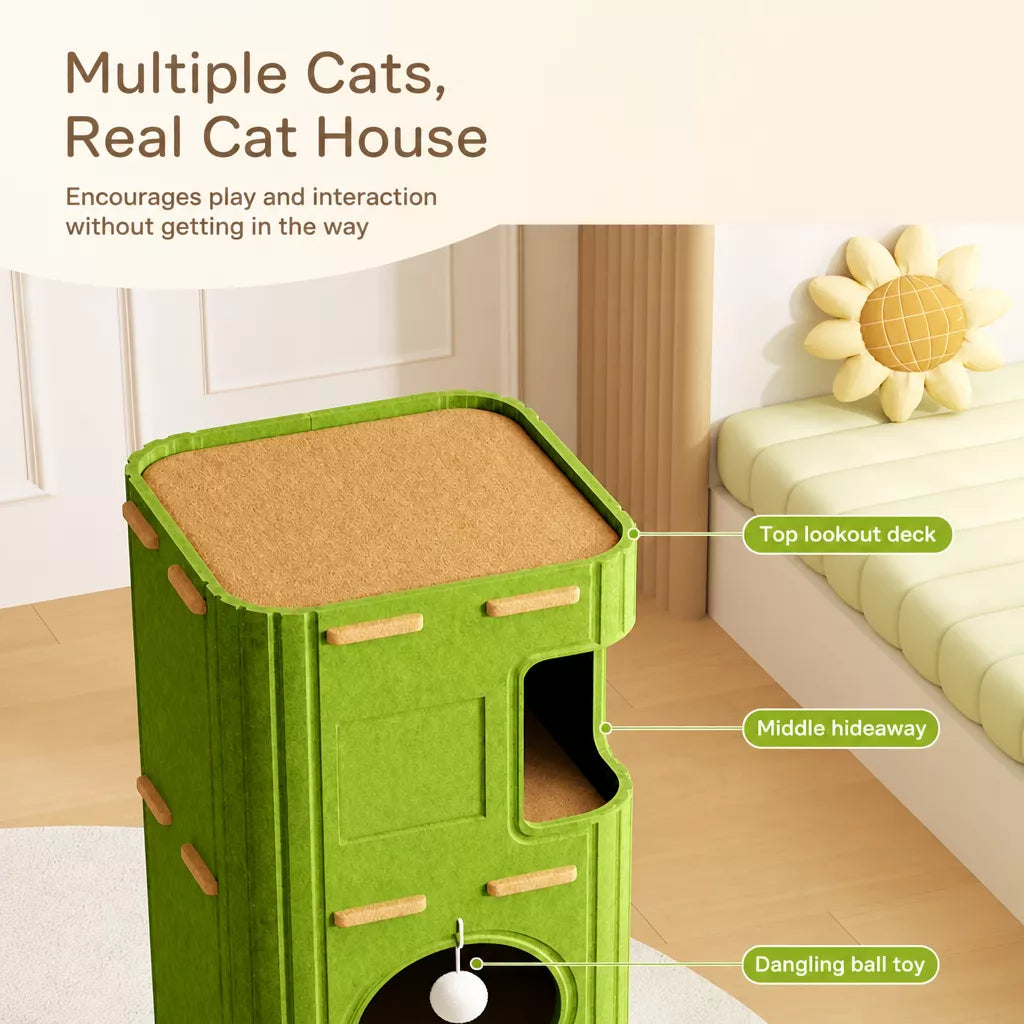 4-Tier Solid Wood Cat Tree with Enclosed House and Scratching Board