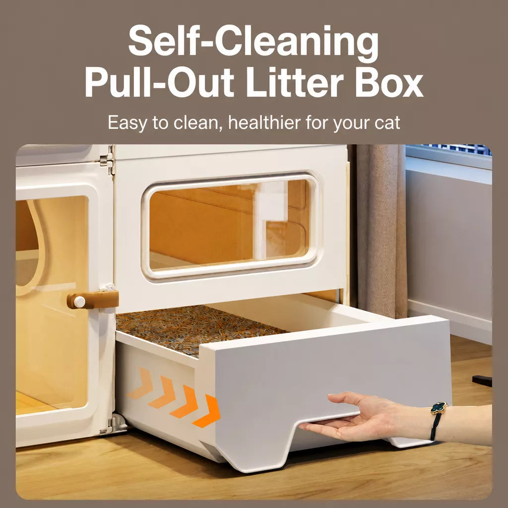 Multi-Level Cat House with Litter Box Area