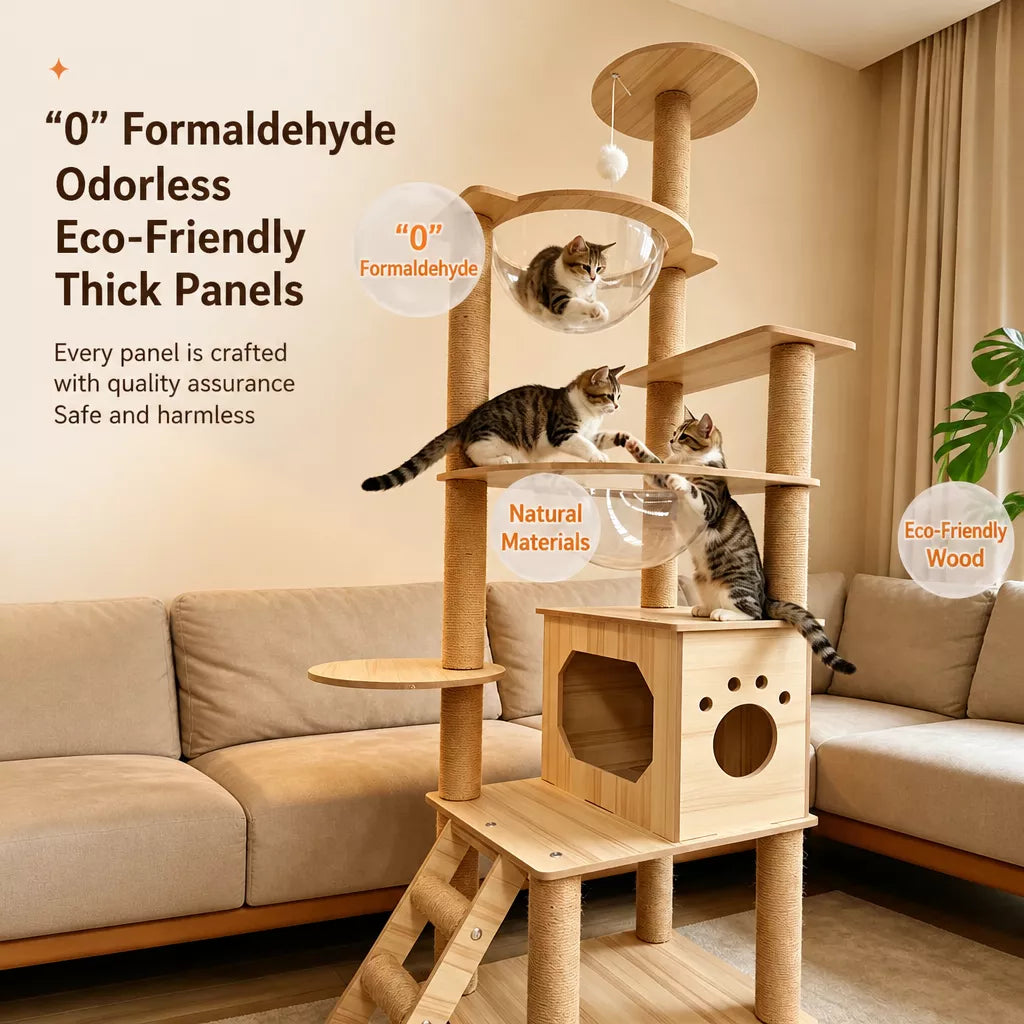 Large Wooden Cat Tree with Cat House, Scratching Post & Capsule Perch