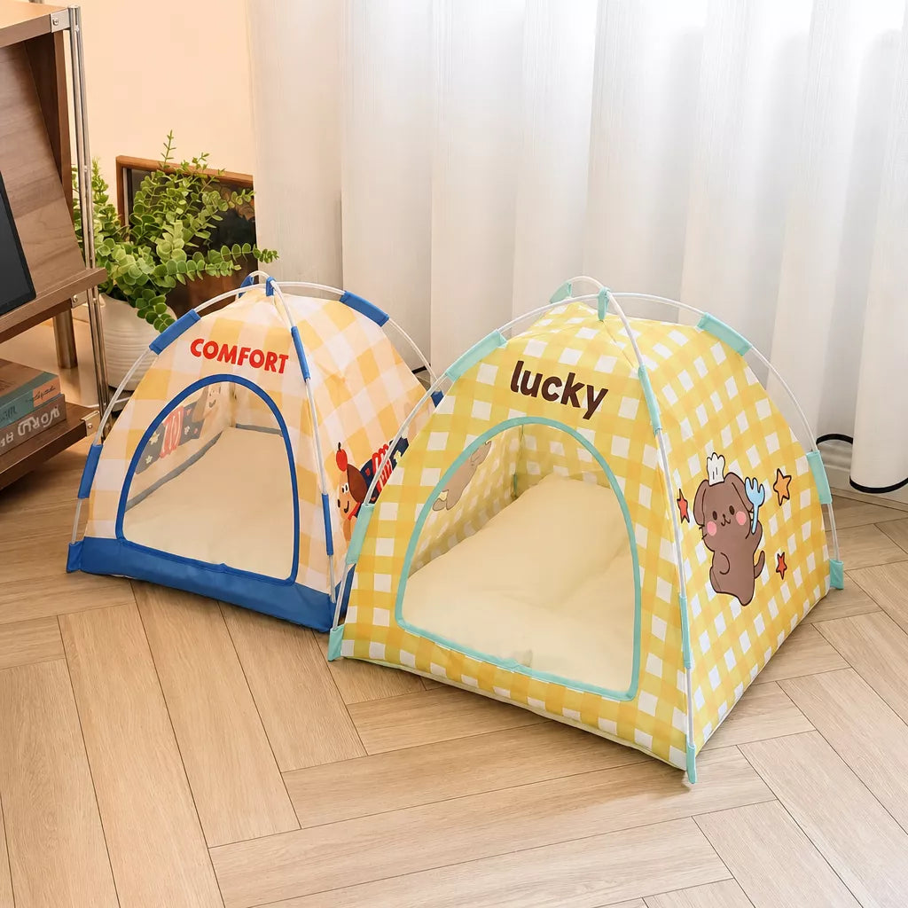Semi-Enclosed Foldable Pet Tent Bed for Cats and Small Dogs