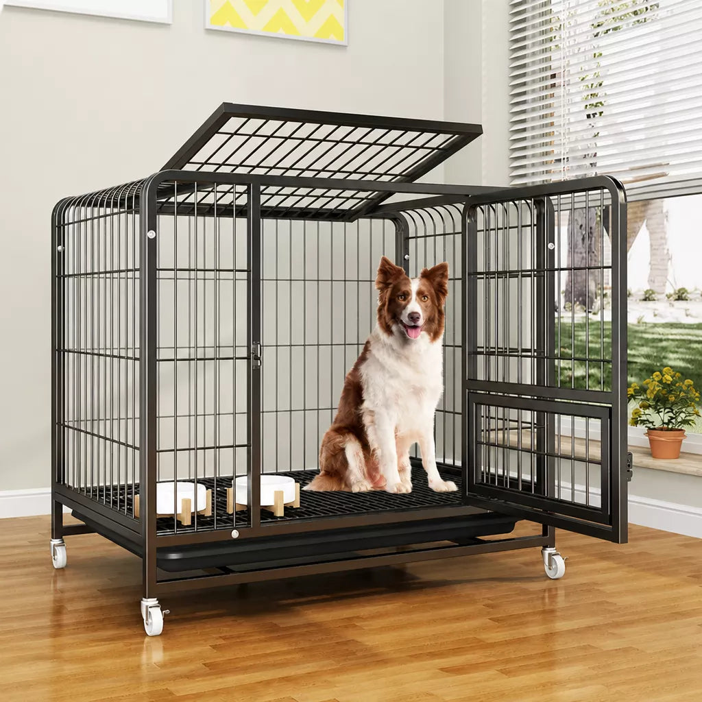 Reinforced Metal Dog Crate with Floor Tray for Medium to Large Dogs