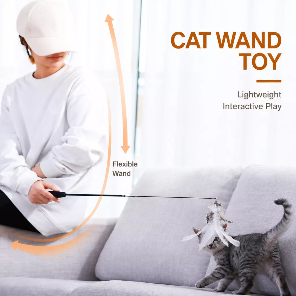 Cat Teaser Wand with Feather Replacement Toy Heads