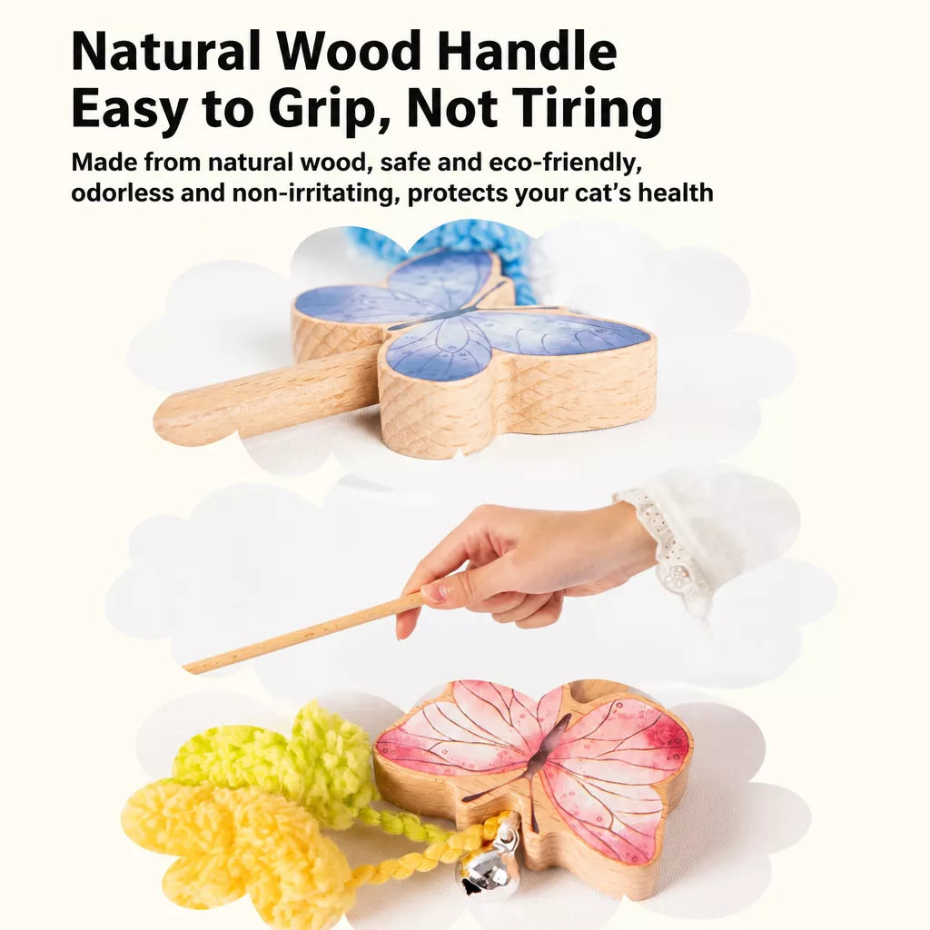 Wooden Cat Wand Toy with Bell and Feather Charms