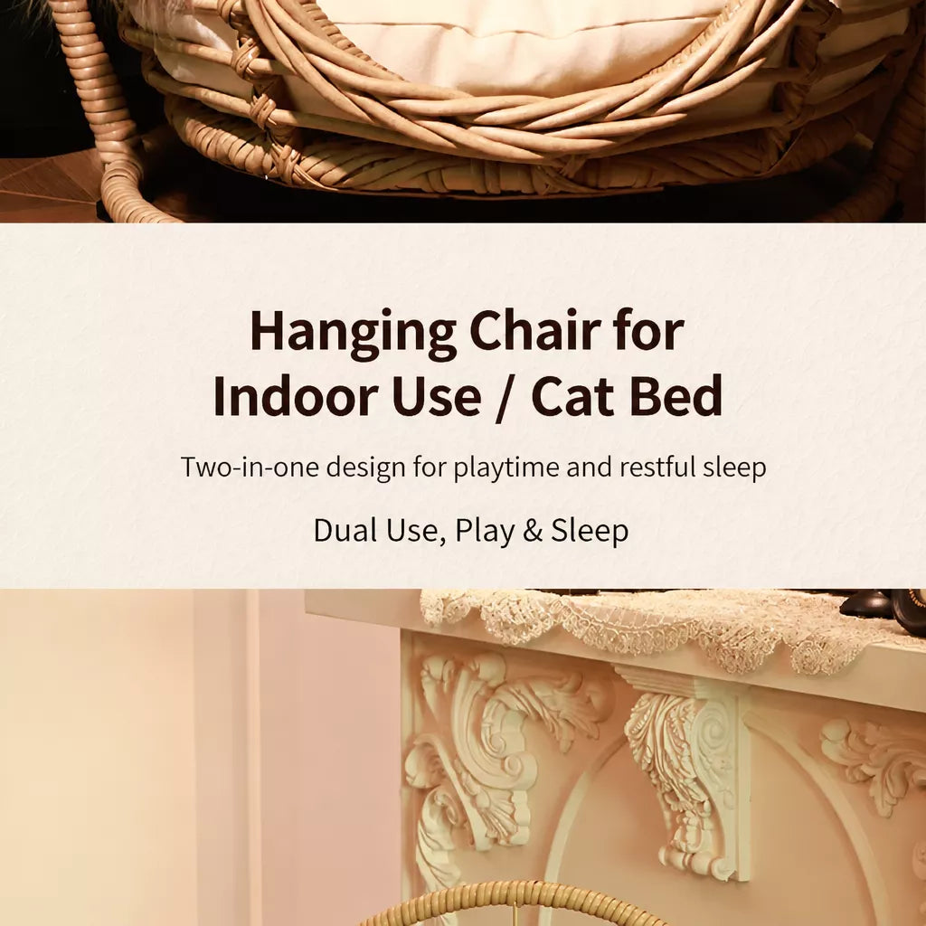 Handwoven Rattan Hanging Pet Bed with Cushion