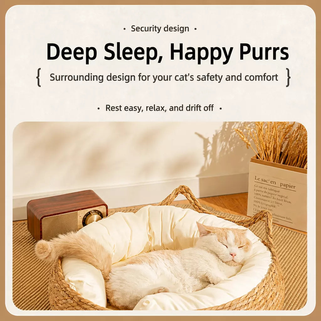 Woven Rattan Cat Bed with Cat-Ear Design
