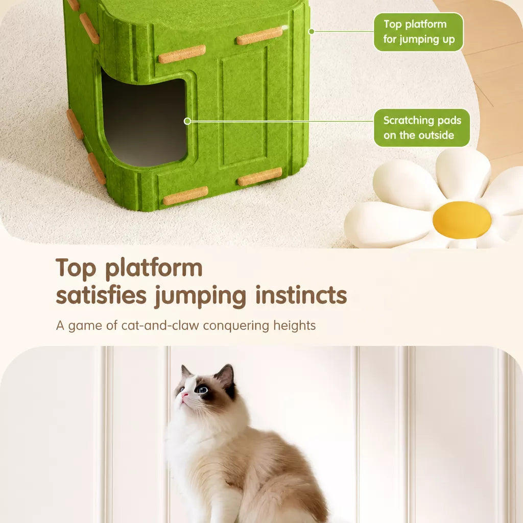 4-Tier Solid Wood Cat Tree with Enclosed House and Scratching Board