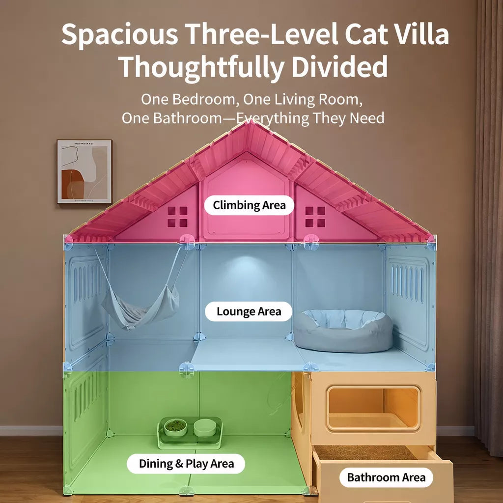 Multi-Level Cat House with Litter Box Area