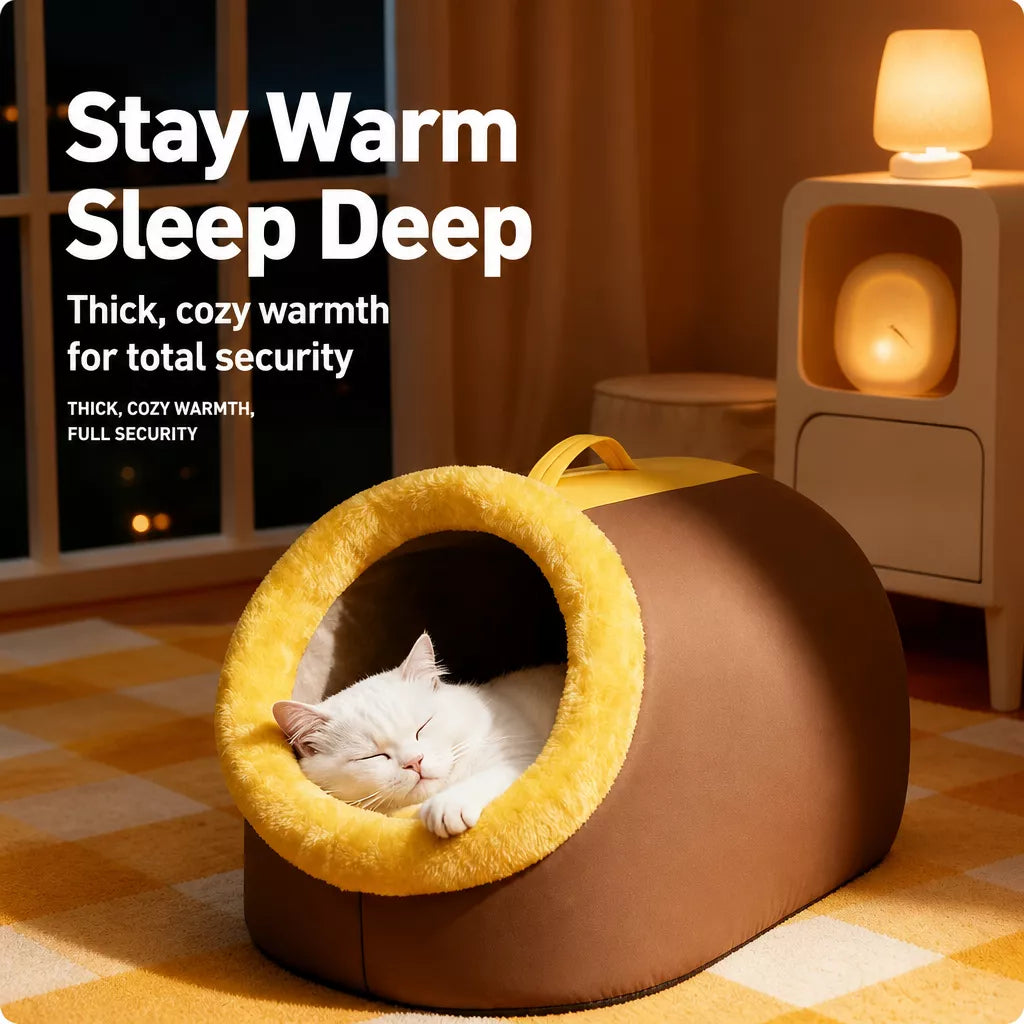 Enclosed Plush Pet Bed with Carry Handle for Cats and Small Dogs