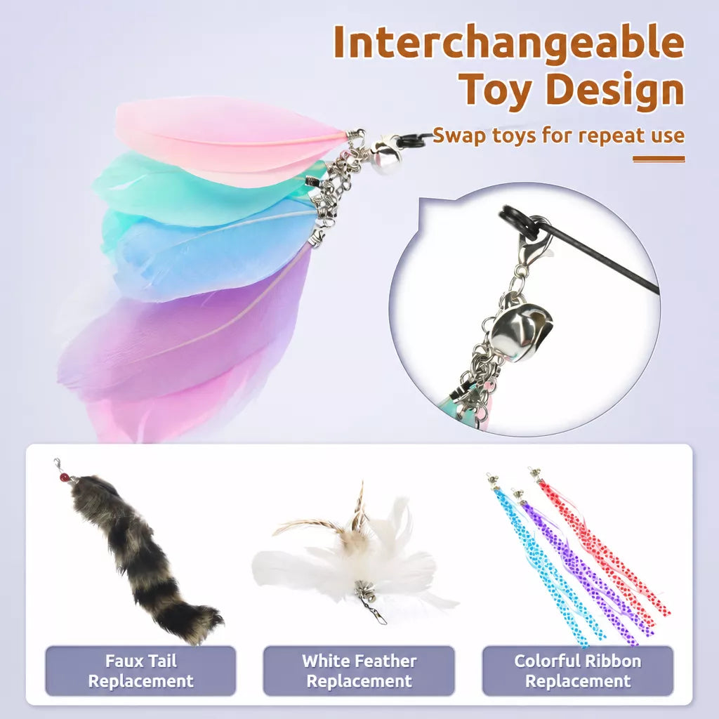 Cat Teaser Wand with Feather Replacement Toy Heads