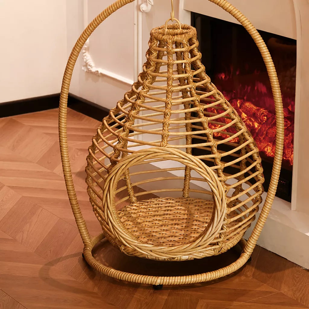 Handwoven Rattan Hanging Pet Bed with Cushion