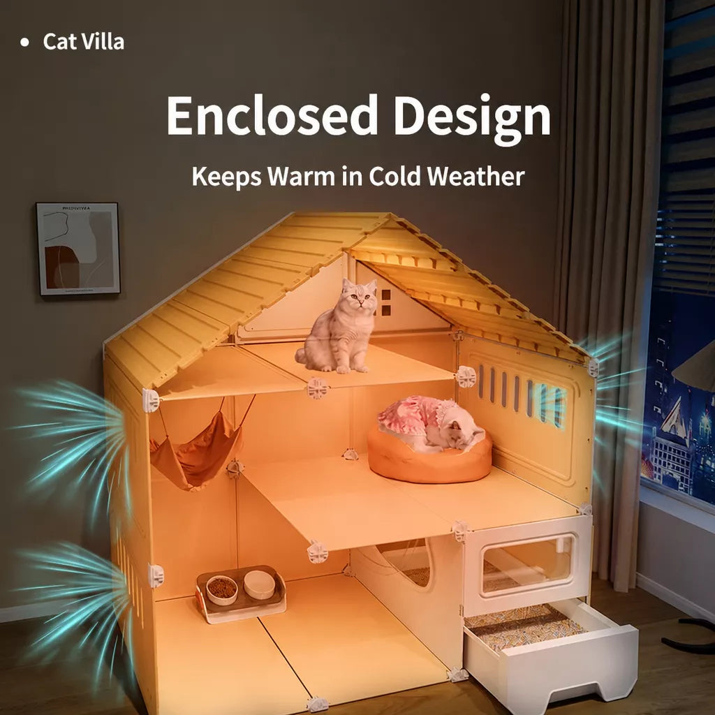 Multi-Level Cat House with Litter Box Area