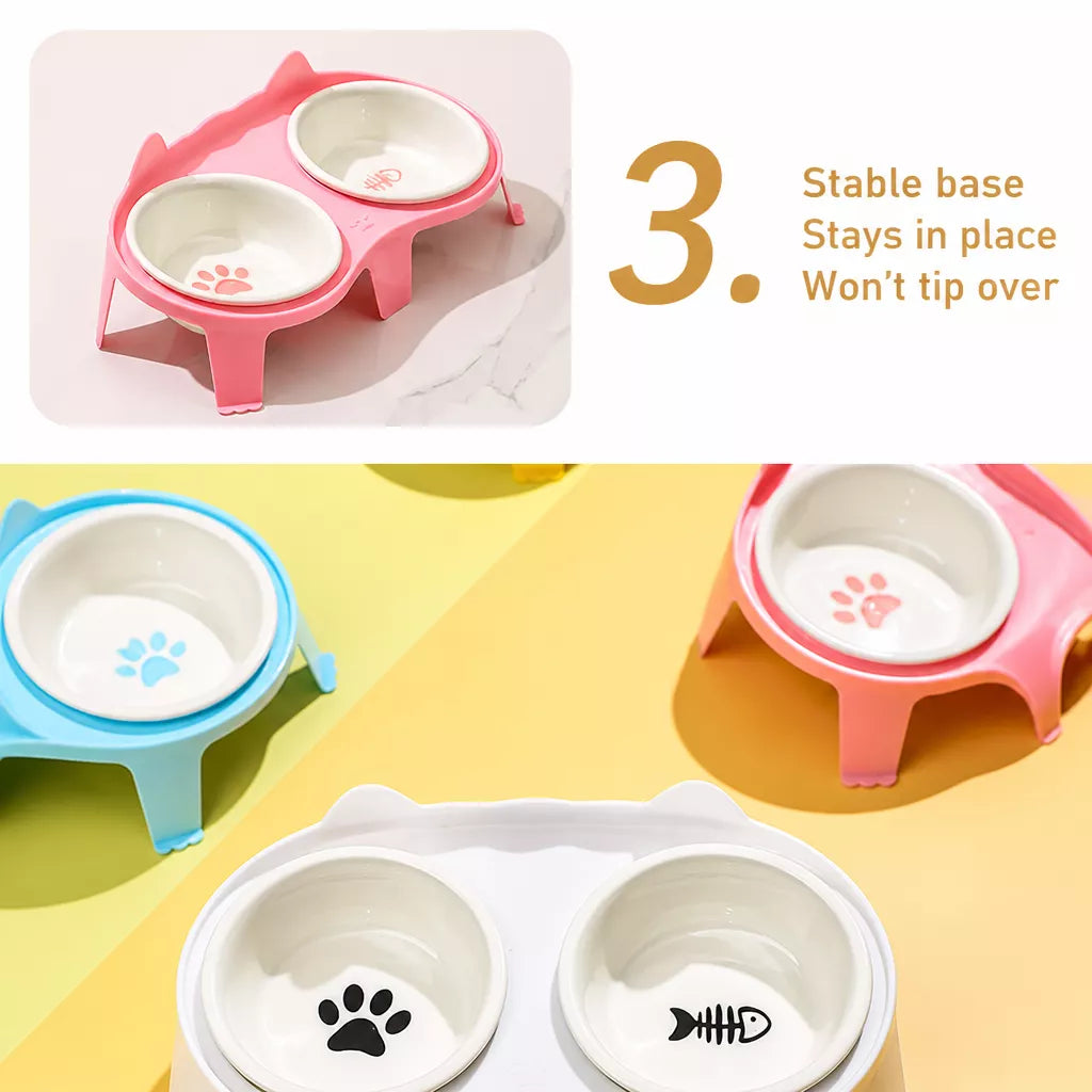 Ceramic Double Cat Bowls with Stand