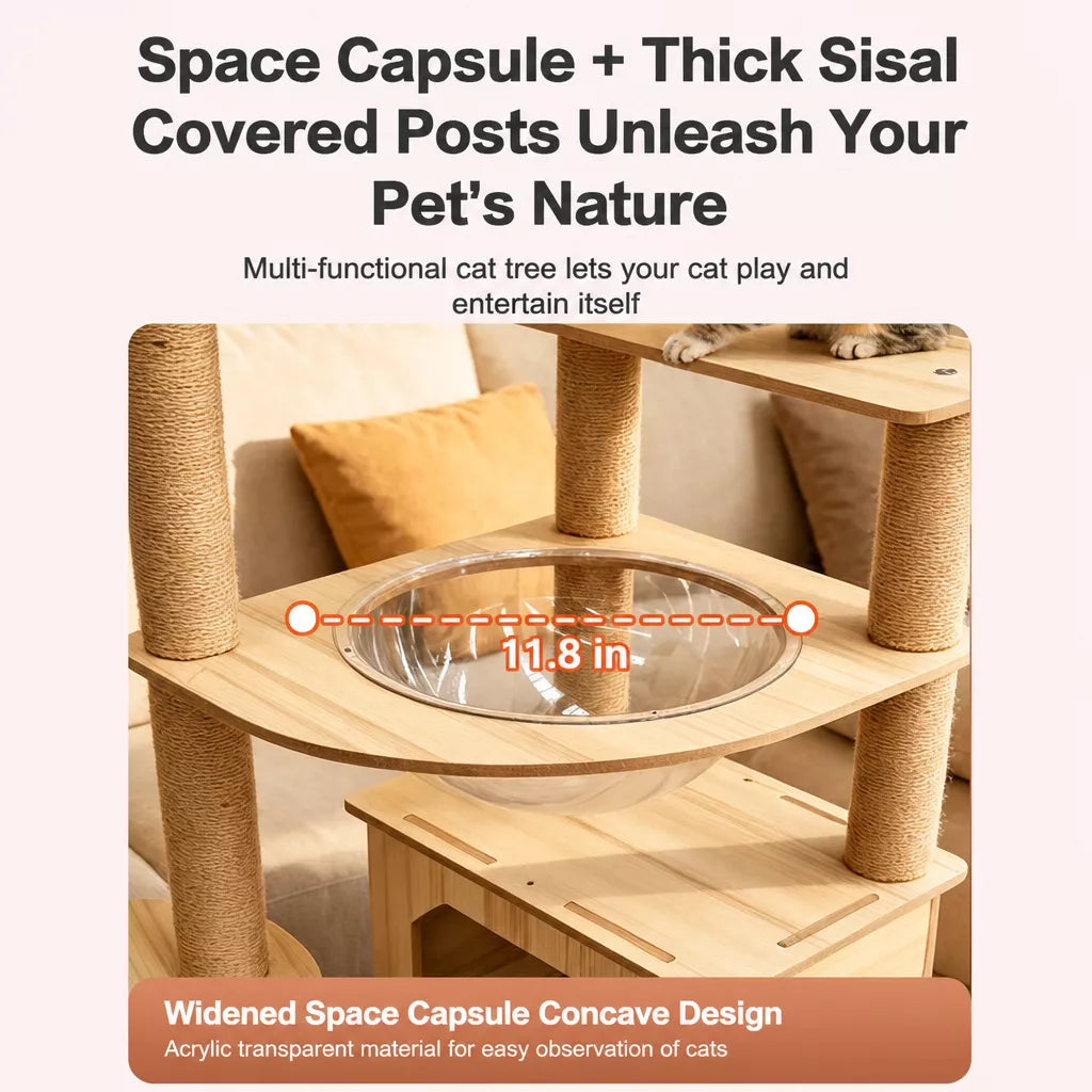 Large Wooden Cat Tree with Cat House, Scratching Post & Capsule Perch