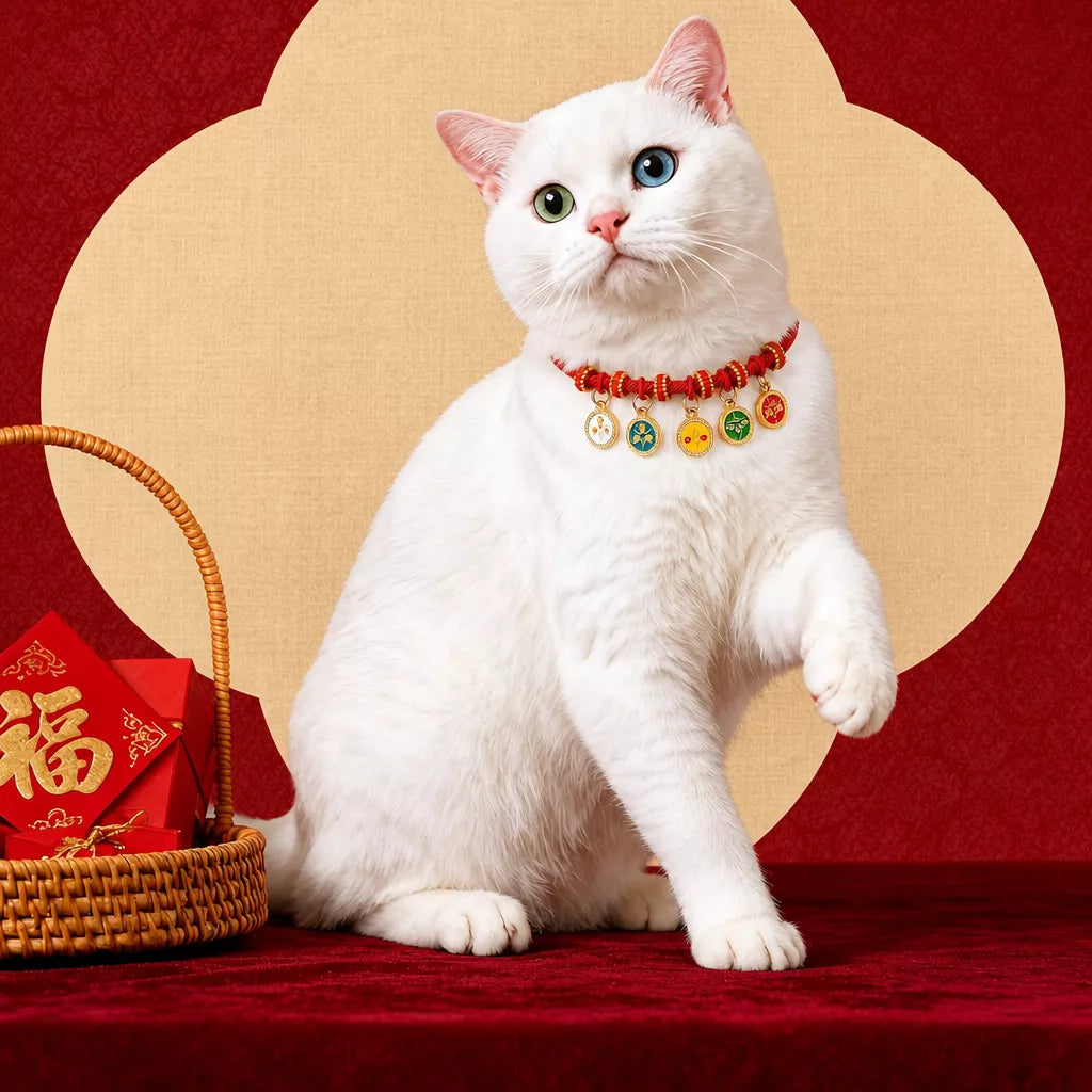 Red Chinese New Year Pet Collar with Decorative Copper Charm