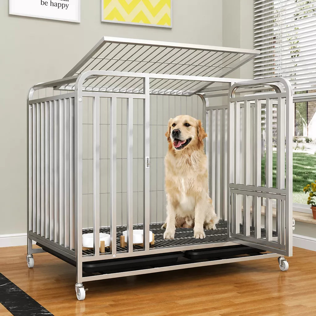 Reinforced Metal Dog Crate with Floor Tray for Medium to Large Dogs