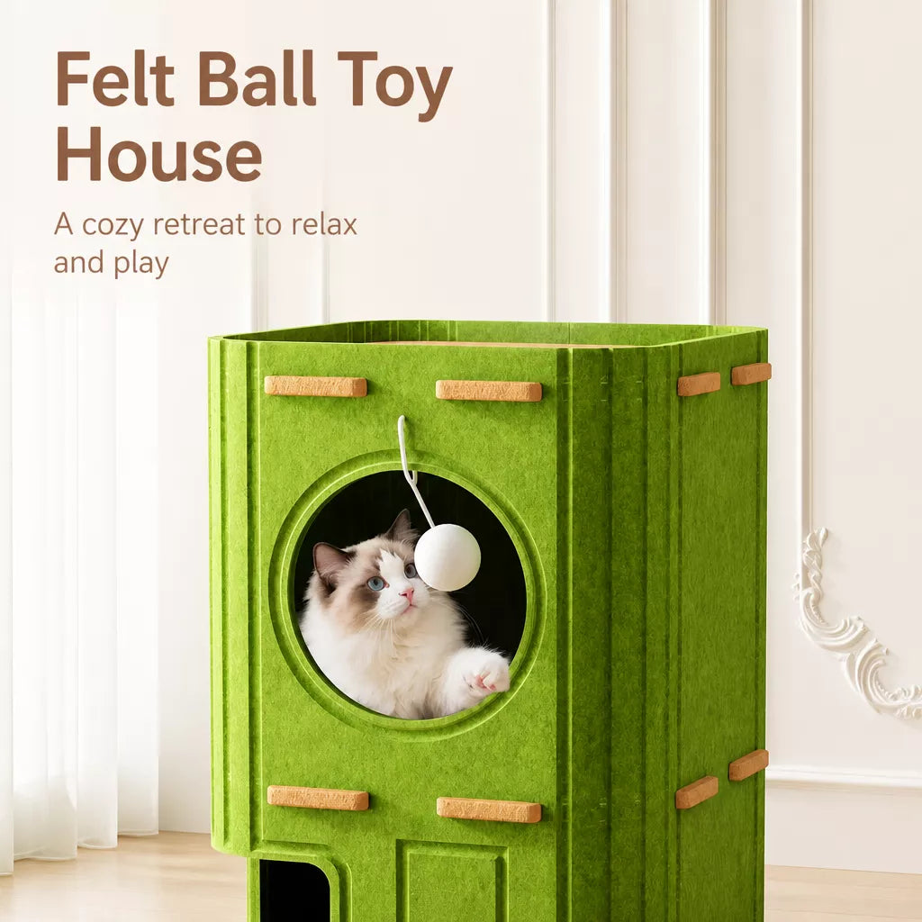 4-Tier Solid Wood Cat Tree with Enclosed House and Scratching Board