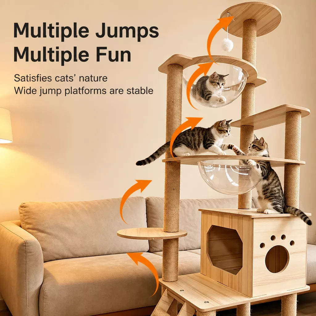 Large Wooden Cat Tree with Cat House, Scratching Post & Capsule Perch