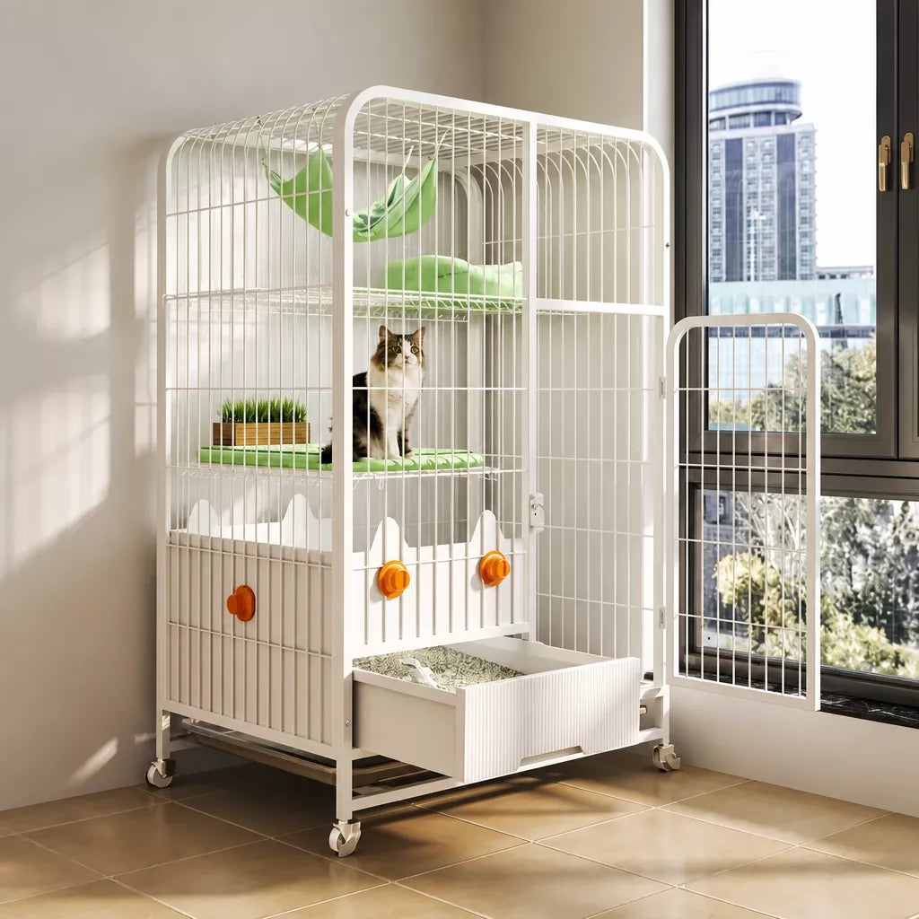 Multi-Level Cat Cage with Integrated Litter Box