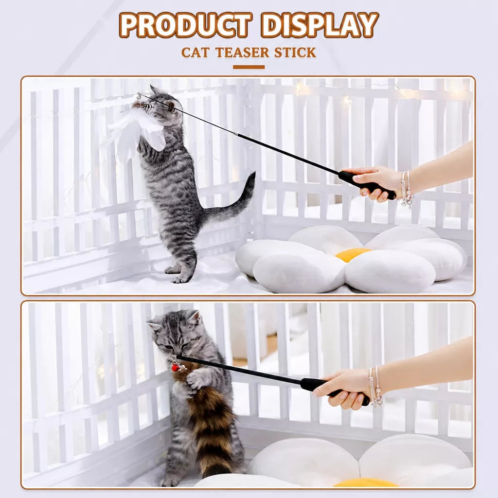 Cat Teaser Wand with Feather Replacement Toy Heads