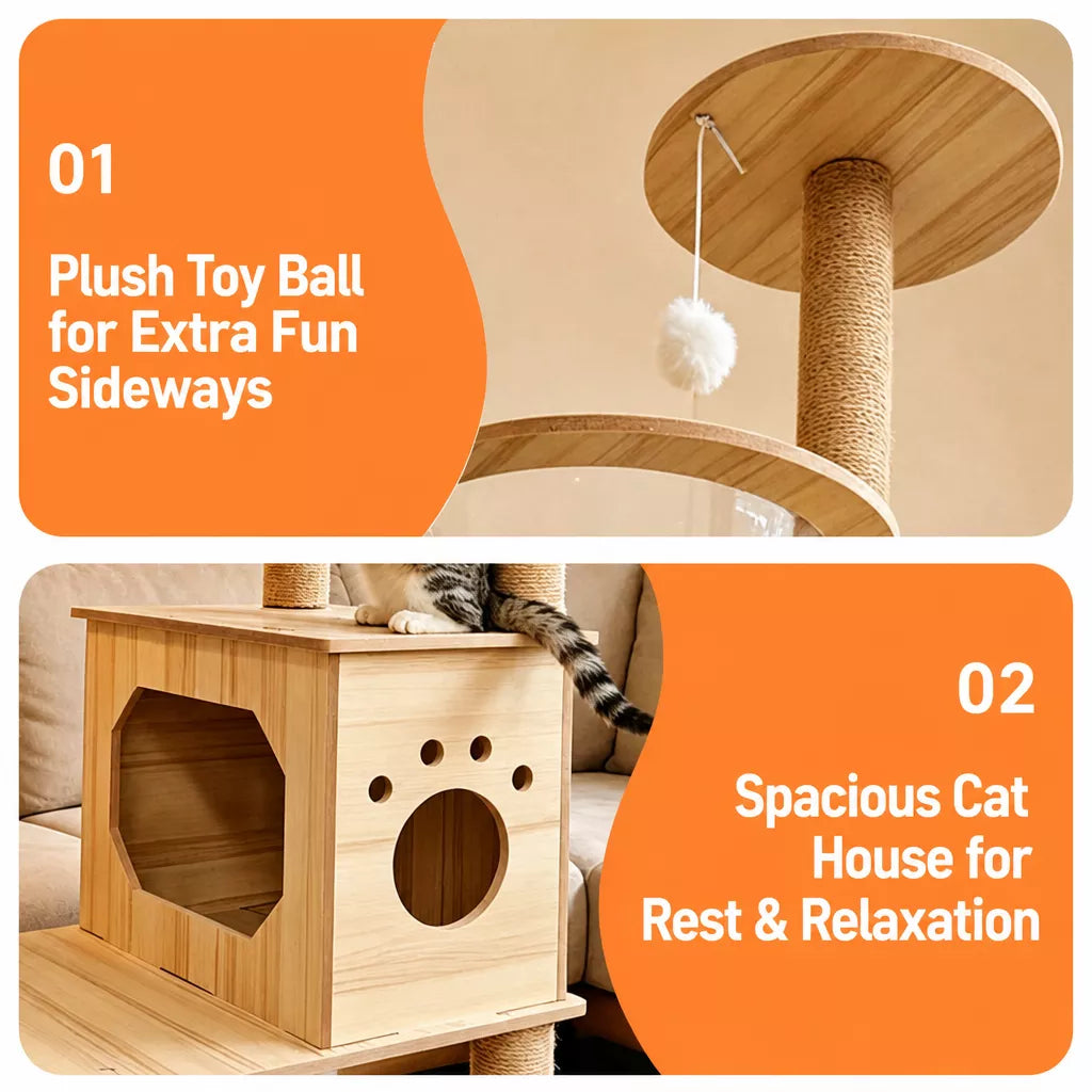 Large Wooden Cat Tree with Cat House, Scratching Post & Capsule Perch