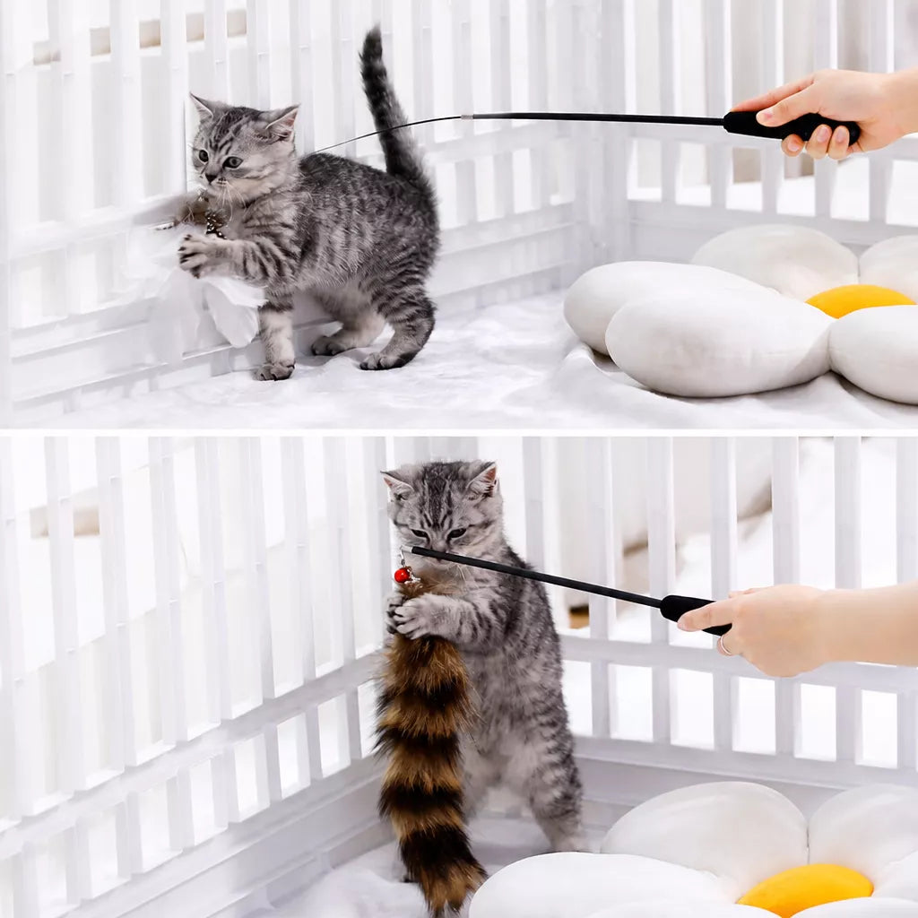 Cat Teaser Wand with Feather Replacement Toy Heads