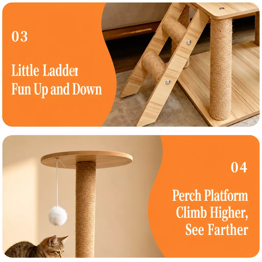 Large Wooden Cat Tree with Cat House, Scratching Post & Capsule Perch