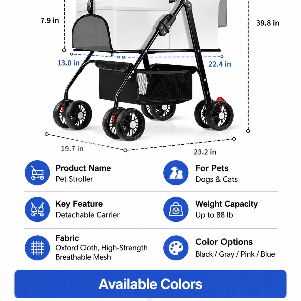 Foldable Pet Stroller with Detachable Carrier and Tray