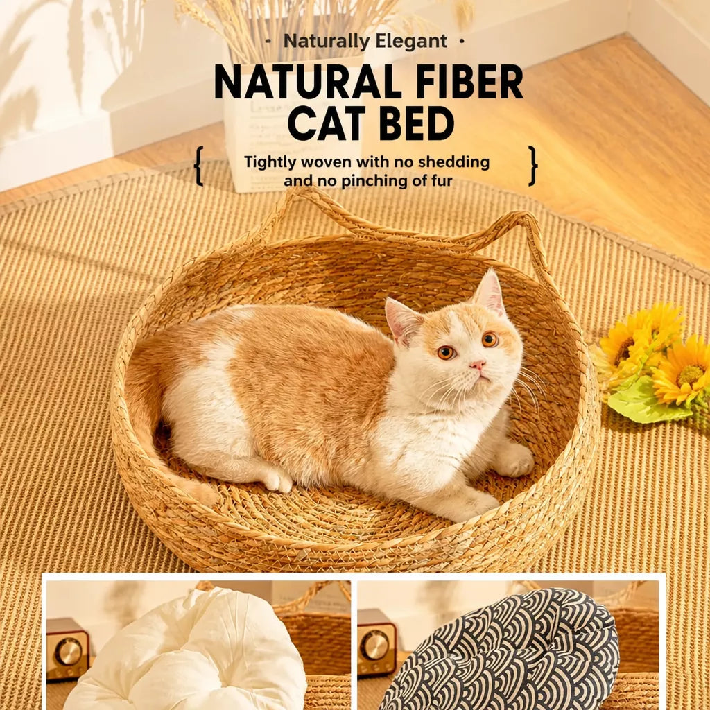 Woven Rattan Cat Bed with Cat-Ear Design