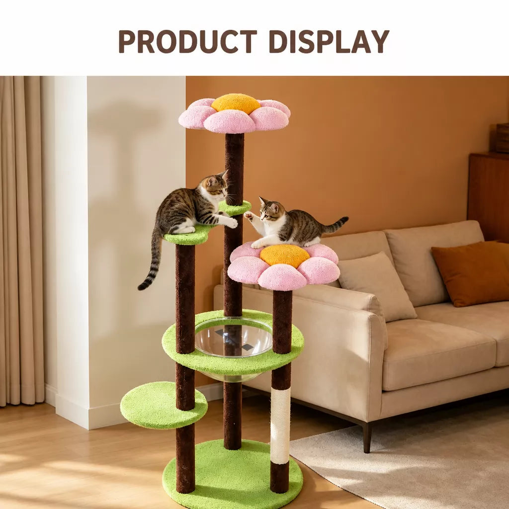 Large Wooden Cat Tree with Cat House, Scratching Post & Capsule Perch