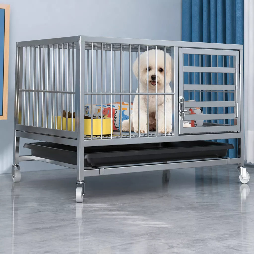 Indoor Dog Crate with Tray and Locking Casters