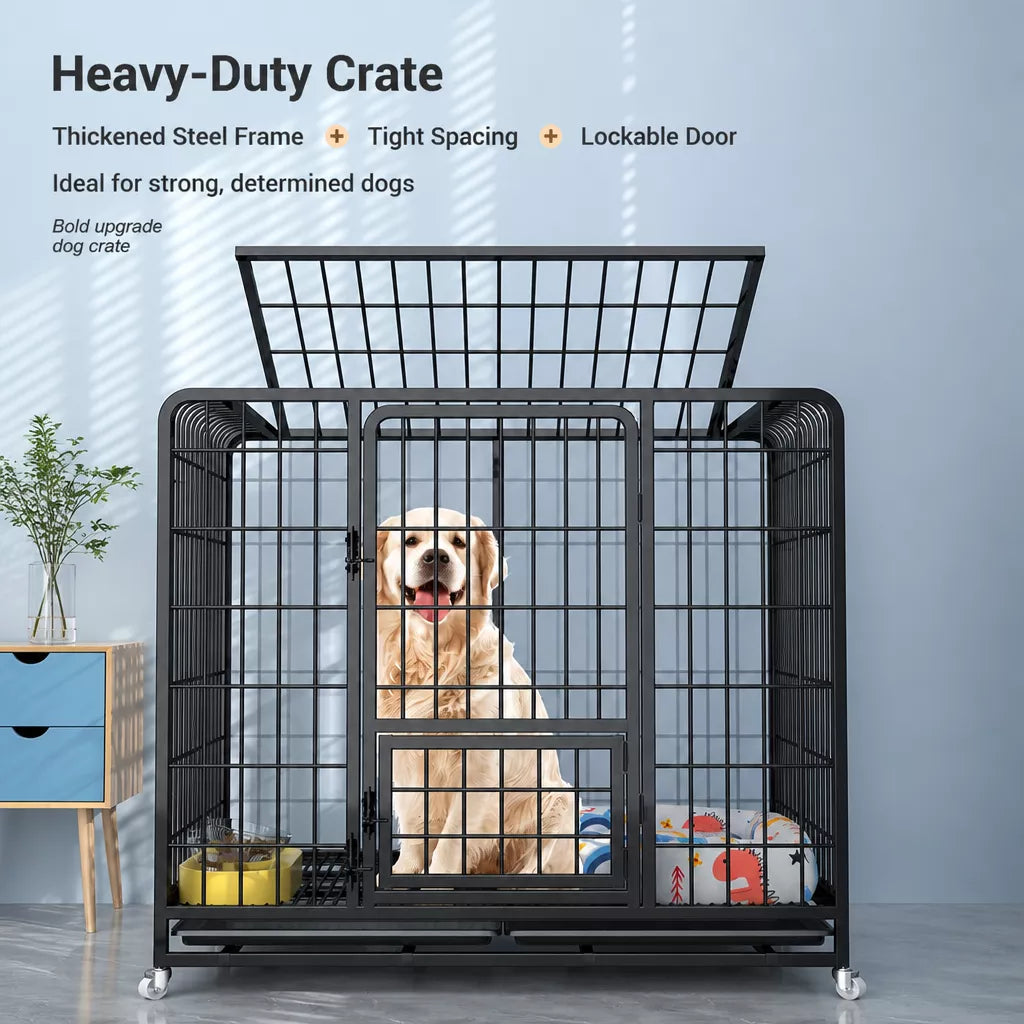 Indoor Dog Crate with Tray and Locking Casters