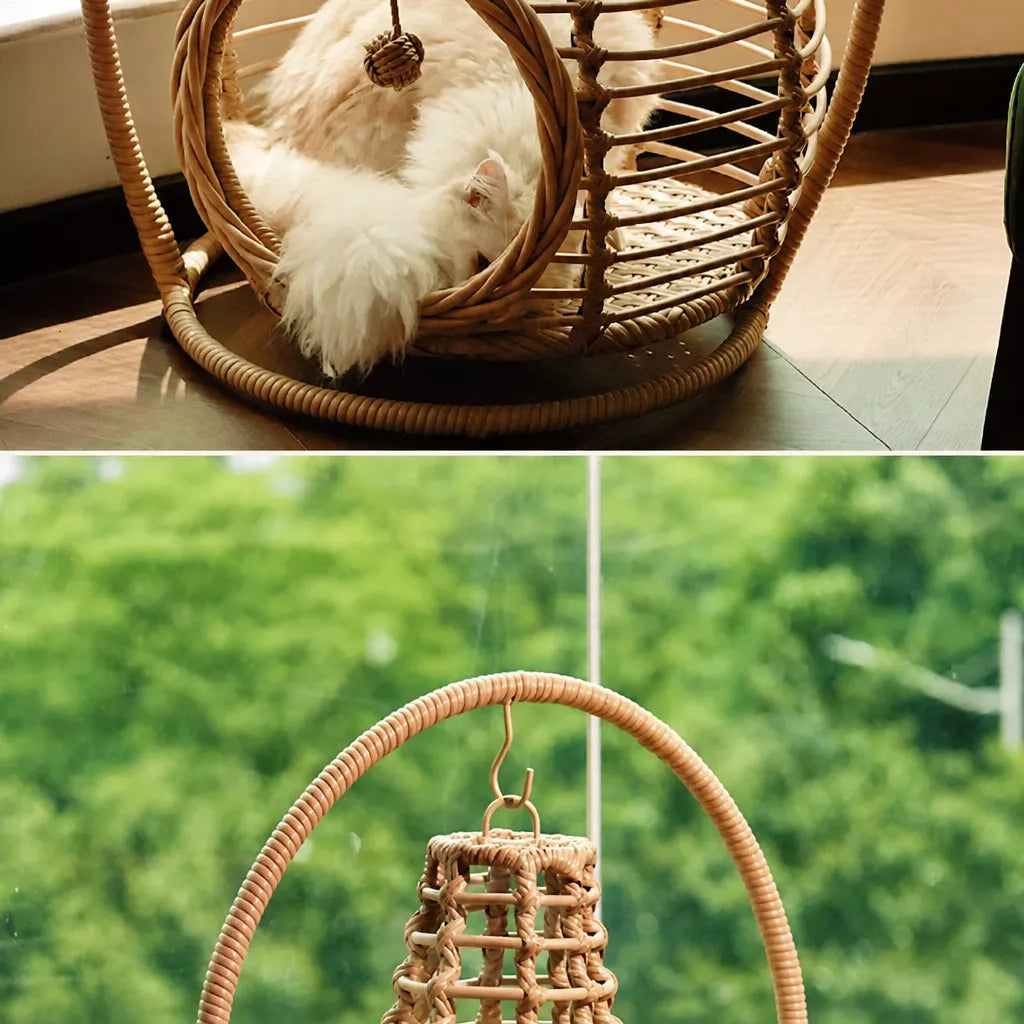 Handwoven Rattan Hanging Pet Bed with Cushion
