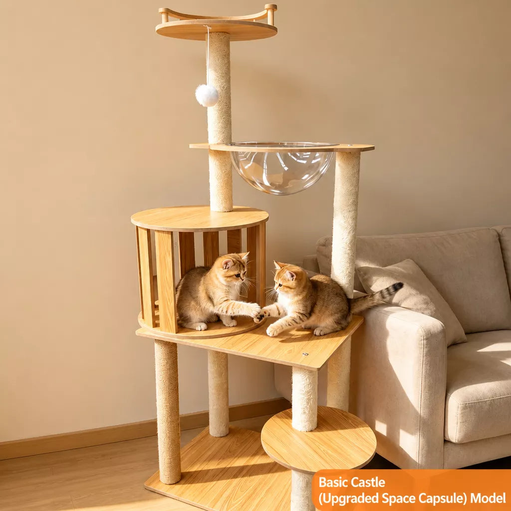Large Wooden Cat Tree with Cat House, Scratching Post & Capsule Perch