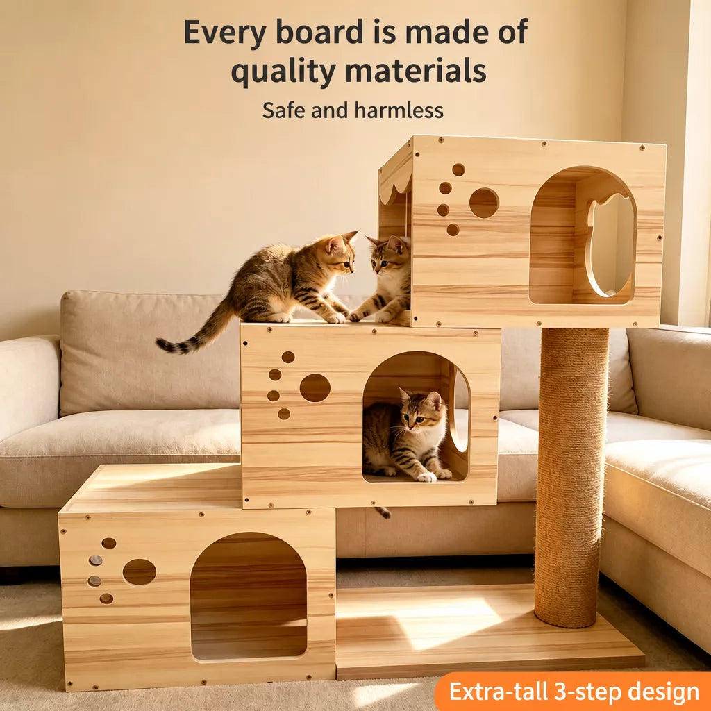 Large Wooden Cat Tree with Cat House, Scratching Post & Capsule Perch
