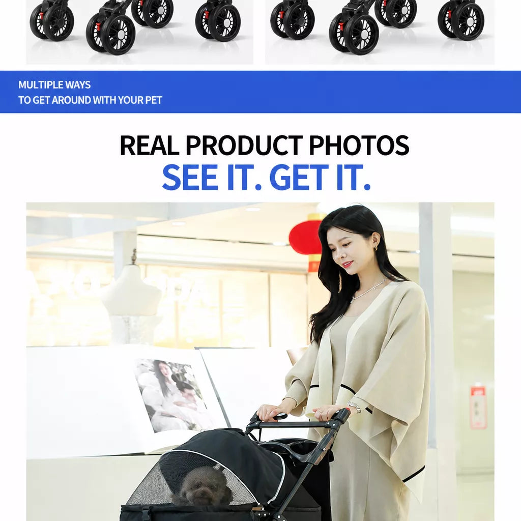 Foldable Pet Stroller with Detachable Carrier and Tray