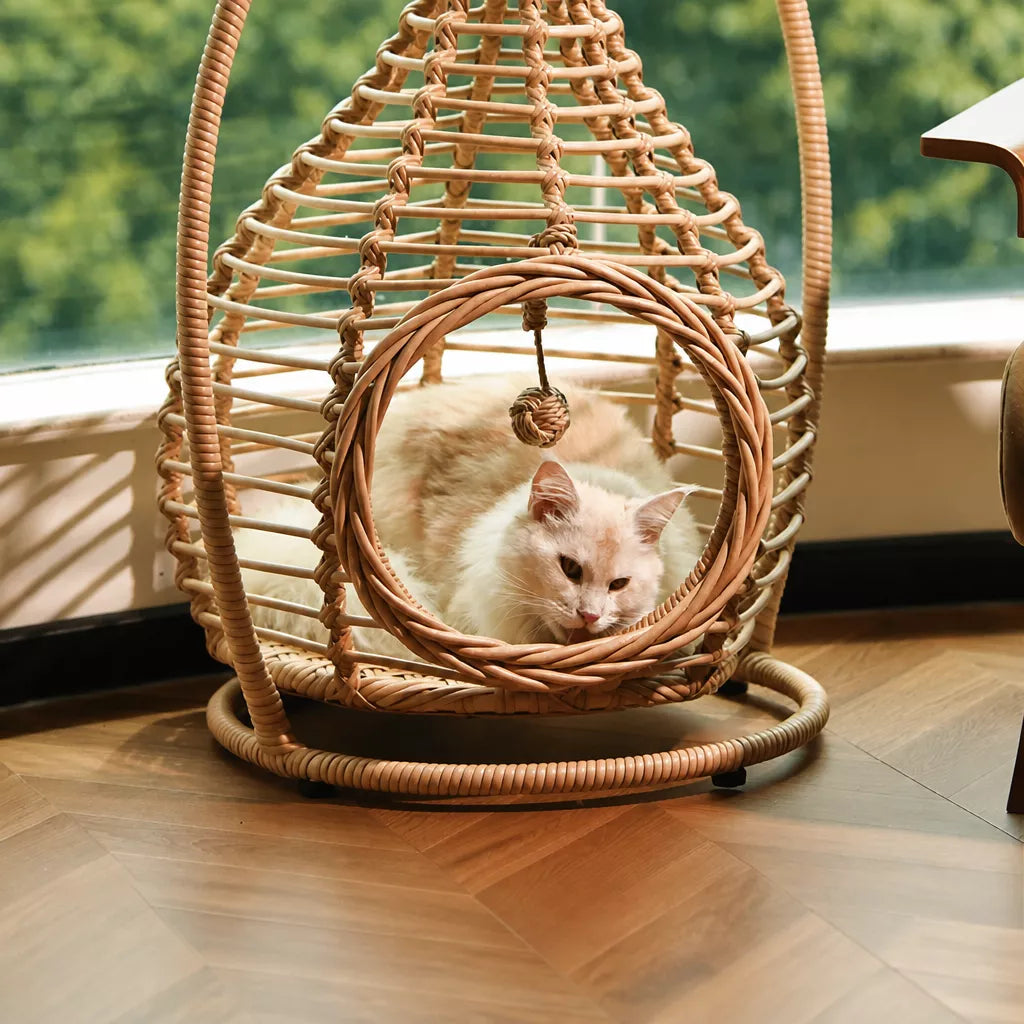 Handwoven Rattan Hanging Pet Bed with Cushion