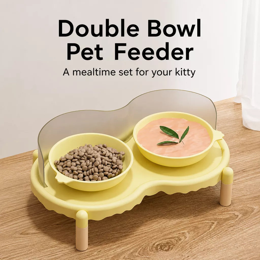 Double Pet Bowl Stand with Paw-Print Bowls