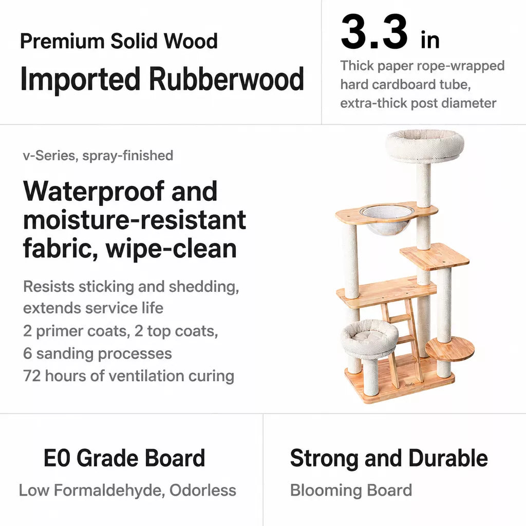Wooden Cat Tree with Enclosed Hideaway and Removable Washable Parts